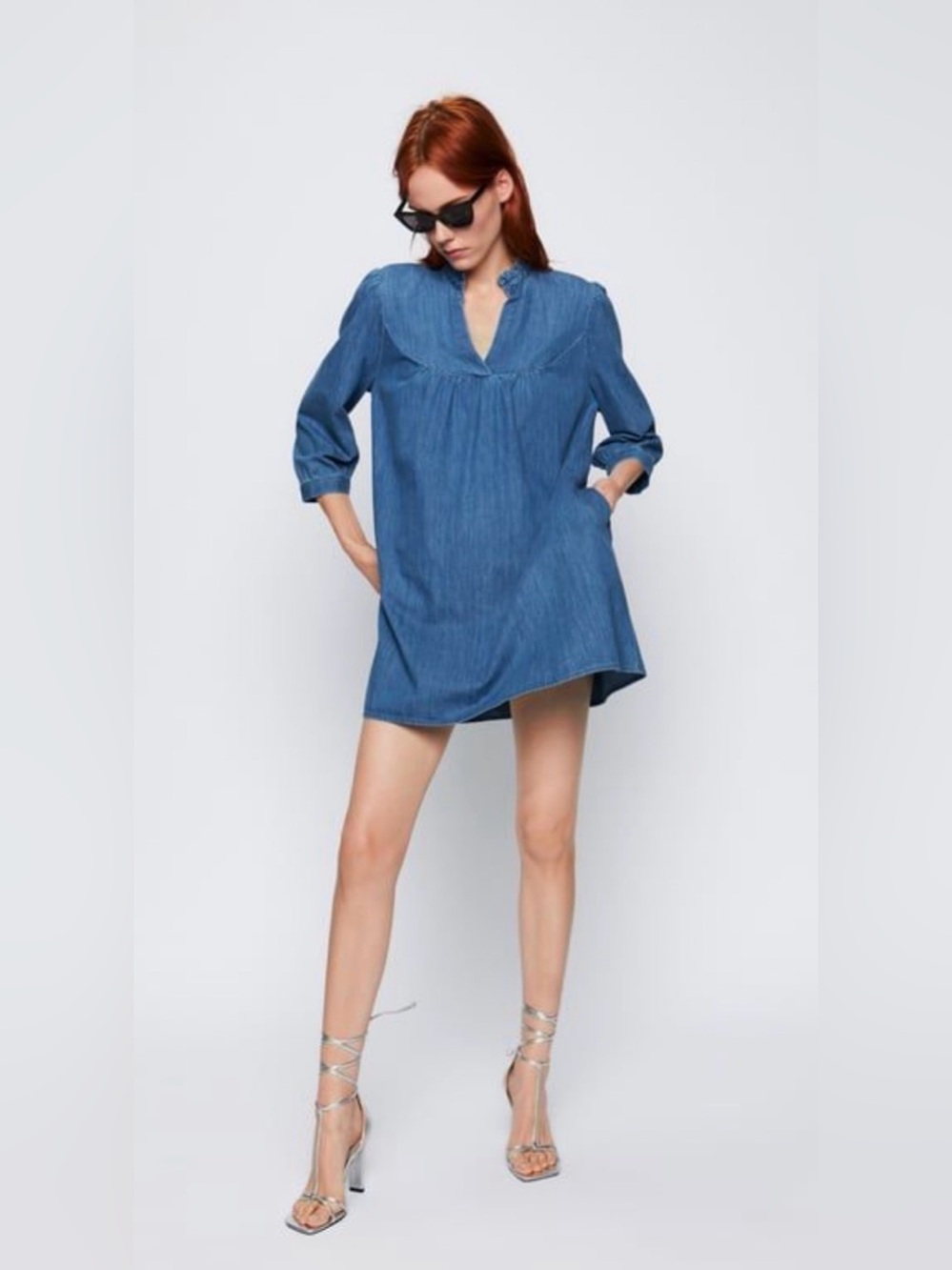 Zara Denim Smock Mini Dress babydoll blue jeans